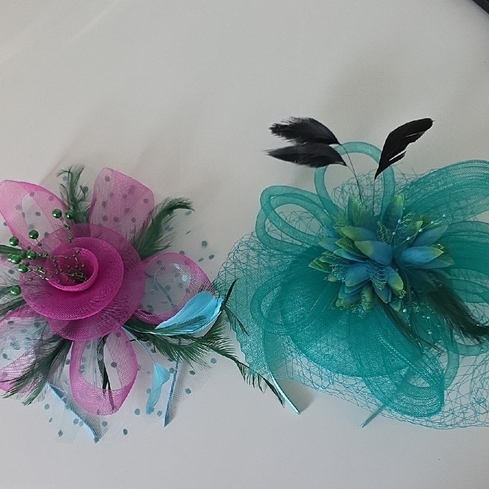 Chic Pink and Teal Feather Fascinator Duo